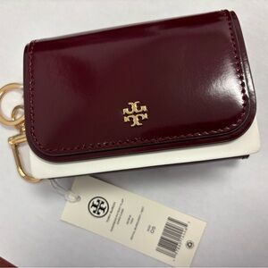 Tory Burch Emerson patent flap card case in royal burgundy color
